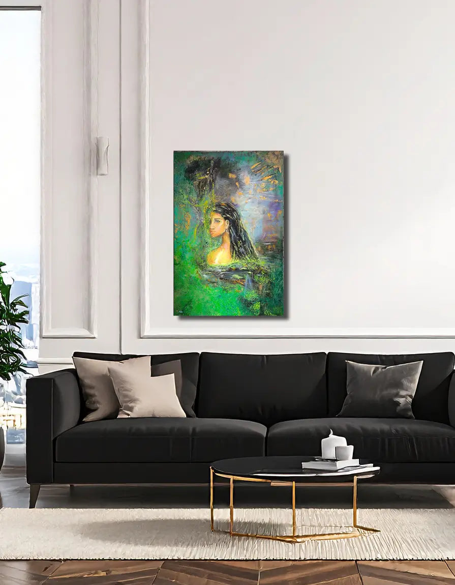 Aufgetaucht von Maren Lüke-Amato an der Wand – Acrylgemälde mit echtem Blattgold, 70x100 cm, Acryl auf Leinwand | Kunst-Direkt.de
