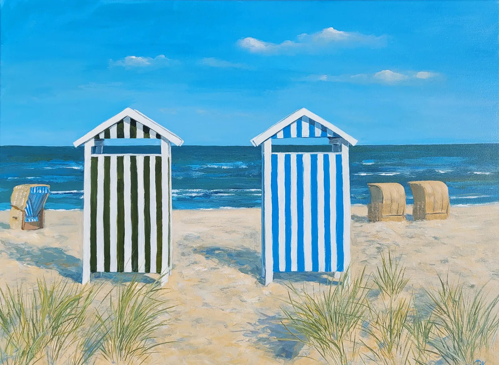 Badehäuschen – Acrylgemälde von Britta Kröger, 60x80 cm, maritimes Strandmotiv, buntes Badehäuschen am Meer in Sommerfarben | Kunst-Direkt.de
