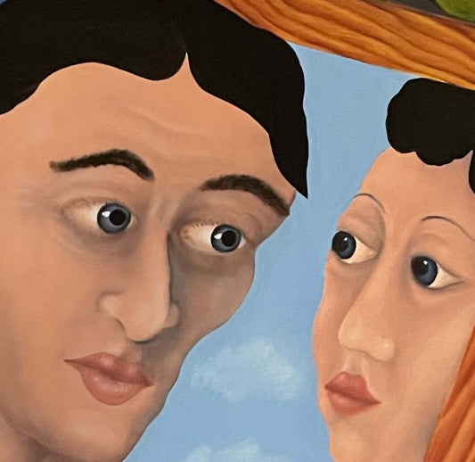 ein Mann schaut in einen Spiegel und sieht eine Frau, Ölgemälde auf HDF Platte,  Jochen Meyer, 47 x 57 cm, Kunst-Direkt.de, details der Struktur