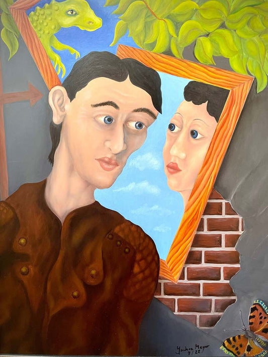 ein Mann schaut in einen Spiegel und sieht eine Frau, Ölgemälde auf HDF Platte,  Jochen Meyer, 47 x 57 cm, Kunst-Direkt.de