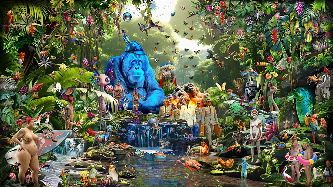 Business as usual – Fineart Print von Gero Paul, 160x90 cm, Alu-Dibond, Geschäftsleute im surrealen Dschungel | Kunst-Direkt.de
