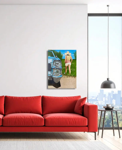 Gemälde, ein Oldtimer Cadillac im Anschnitt auf einer Wiese, eine gehende Frau von hinten, an Wand hängend, 60x80cm, Gerd Pfanstiel, Kunst-Direkt.de