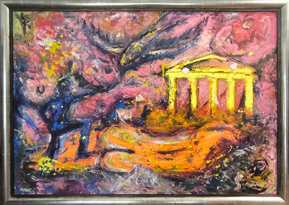 City Lights – Ölgemälde von Maren Lüke-Amato, 140x100 cm, nächtliche Stadtlandschaft in Magenta, Orange und Blau | Kunst-Direkt.de
