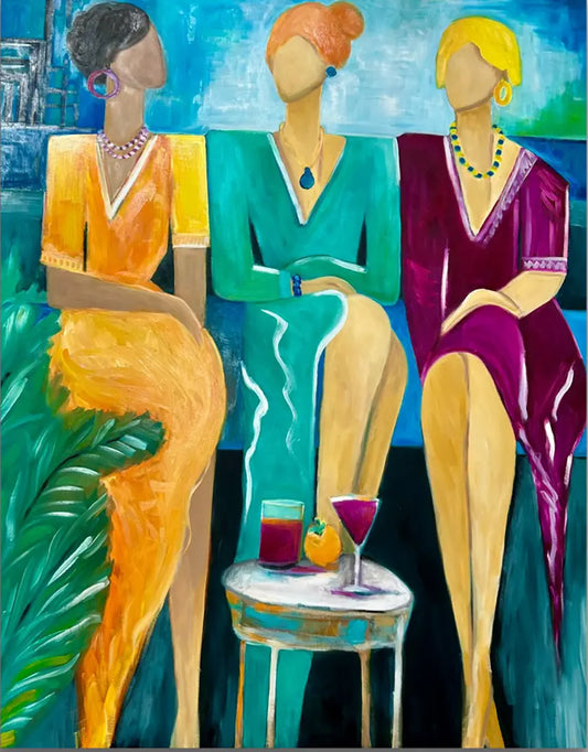 Cocktail-Ladies Strand Pauli – Ölgemälde von Dea Theinert, 120x100 cm, expressionistisch, drei Frauen in Strandbar | Kunst-Direkt.de
