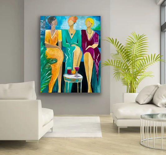 Cocktail-Ladies Strand Pauli von Dea Theinert an der Wand – Expressionistisches Ölgemälde, 120x100 cm, Öl auf Leinwand | Kunst-Direkt.de

