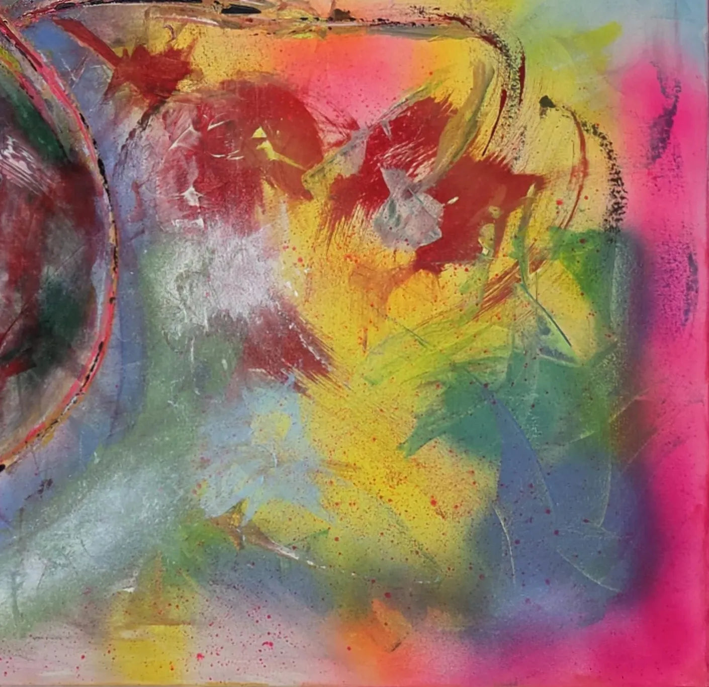 Original Acrylgemälde Colour Dance of Autumn von Elena Grumann – Farbenfrohe abstrakte Kunst im Quadratformat 100x100 cm, Detail Farben, Kunst-Direkt.de / Newart.gallery