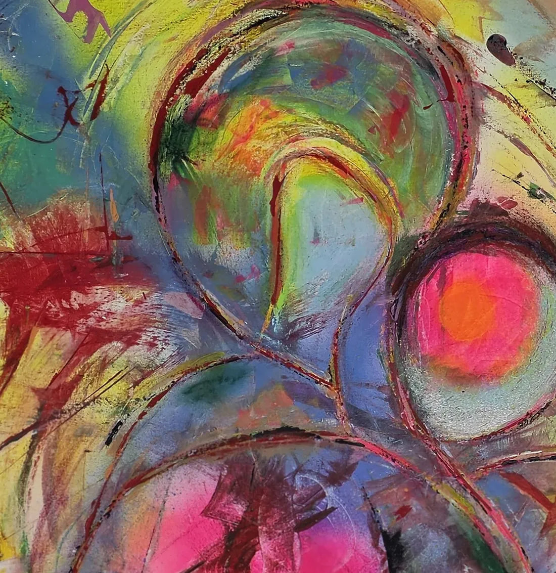 Original Acrylgemälde Colour Dance of Autumn von Elena Grumann – Farbenfrohe abstrakte Kunst im Quadratformat 100x100 cm, Detail Formen,Kunst-Direkt.de / Newart.gallery