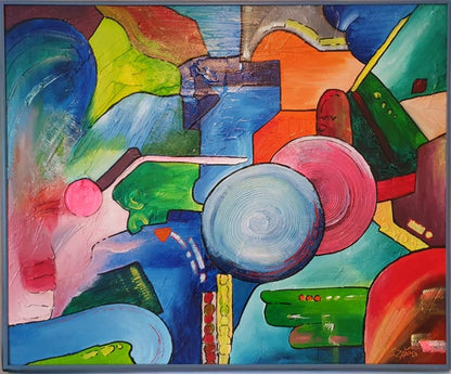 Das blaugerahmte, abstrakte Acrylgemälde auf Leinwand "Contemporary-Abstract2 " der Künstlerin Sara Schubert zeigt farbige Formen und Flächen, 70cm x 60cm