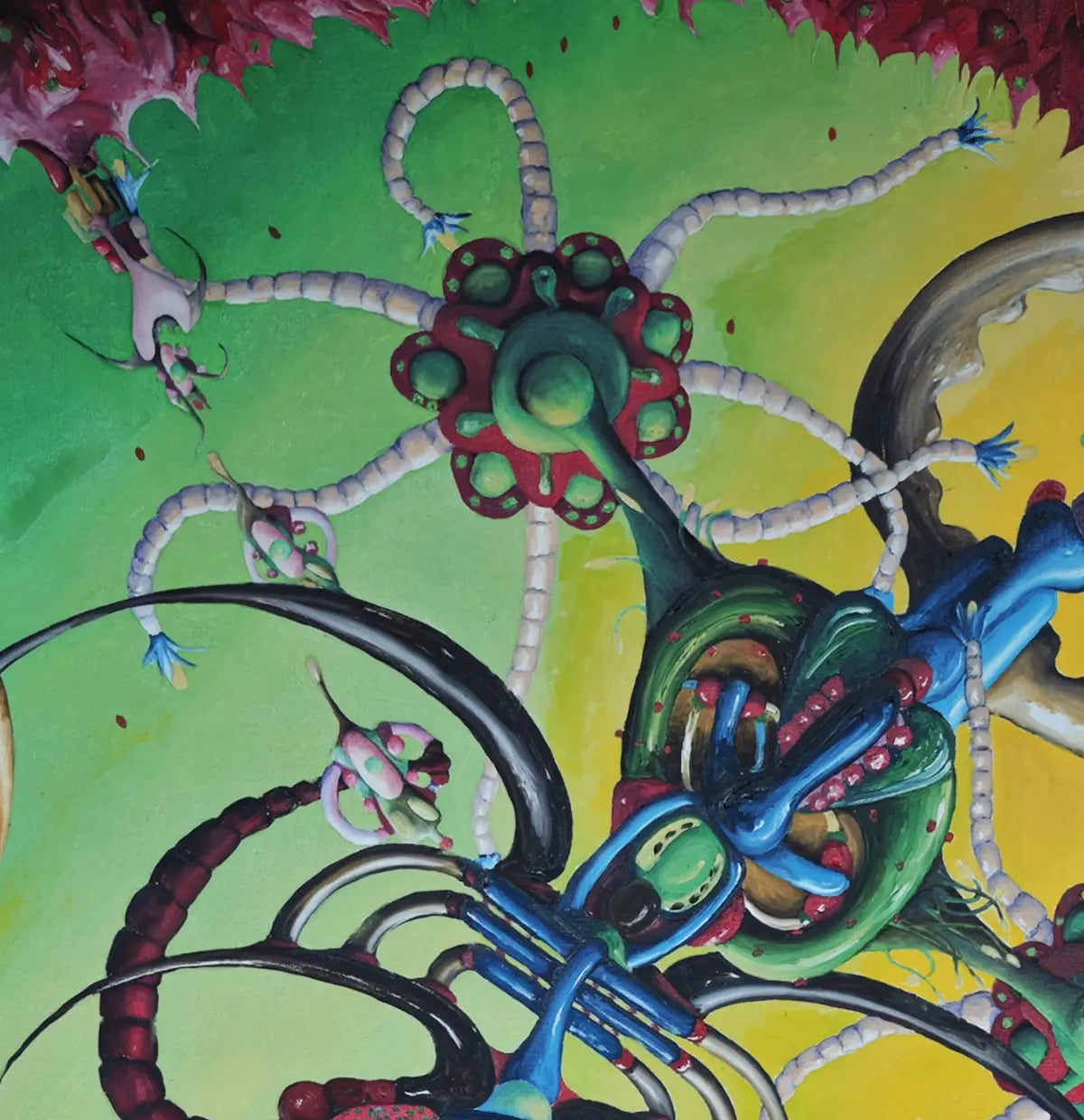 Detailaufnahme Das kommt mir nicht aufs Brot – Organische Gewebe und stachelige Knospen, psychedelische Farbgewalt in Türkis und Rot, Dieter Roth | Kunst-Direkt.de
