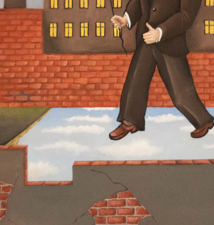 ein Mann wandert mit Mondballons durch eine Stadt, Surrealistisches Ölgemälde auf HDF PLatte, 70 x 60 cm, von Jochen Meyer, Kunst-Direkt.de, details der Struktur