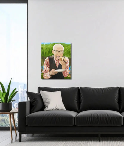 Ölgemälde, 57x45 cm, ein alter Mann sitzt im Garten und beißt in eine Bratwurst, an wand hängend, Gerd Pfanstiel. Kunst-Direkt.de