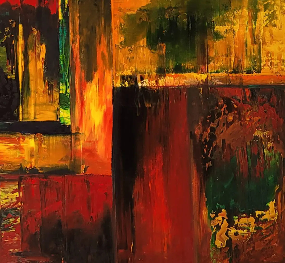 Detailaufnahme Der Waldspaziergang – Vielschichtige Spachteltechnik, reliefartiger Farbauftrag, feurige Rot-Gelb-Töne, Roger Ziereisen | Kunst-Direkt.de
