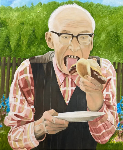 Ölgemälde, 57x45 cm, ein alter Mann sitzt im Garten und beißt in eine Bratwurst, Gerd Pfanstiel. Kunst-Direkt.de