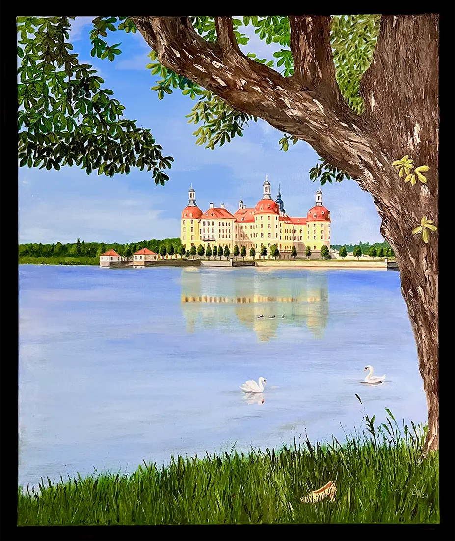 ölgemälde, Schloss Moritzburg, Legende der goldene Schuh, schloss mit see und Schwan und goldenem Schuh, 80x60cm, Gerahmt, Gerd Pfanstiel, Kunst-Direkt.de