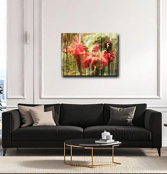 eine Zeichnung des brasilianischen Urwalds als Komposition mit einer roten Blüte, gelbe, grüne und rote Farbtöne, an heller Wand hängend mit schwarzem Sofa