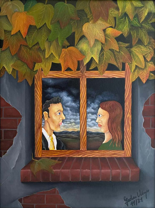 zwei Personen schauen sich an, Herbstblätter im oberen Bildbereich, Die Liebe im Herbst ist ein Ölgemälde auf HDF Platte von Jochen Meyer