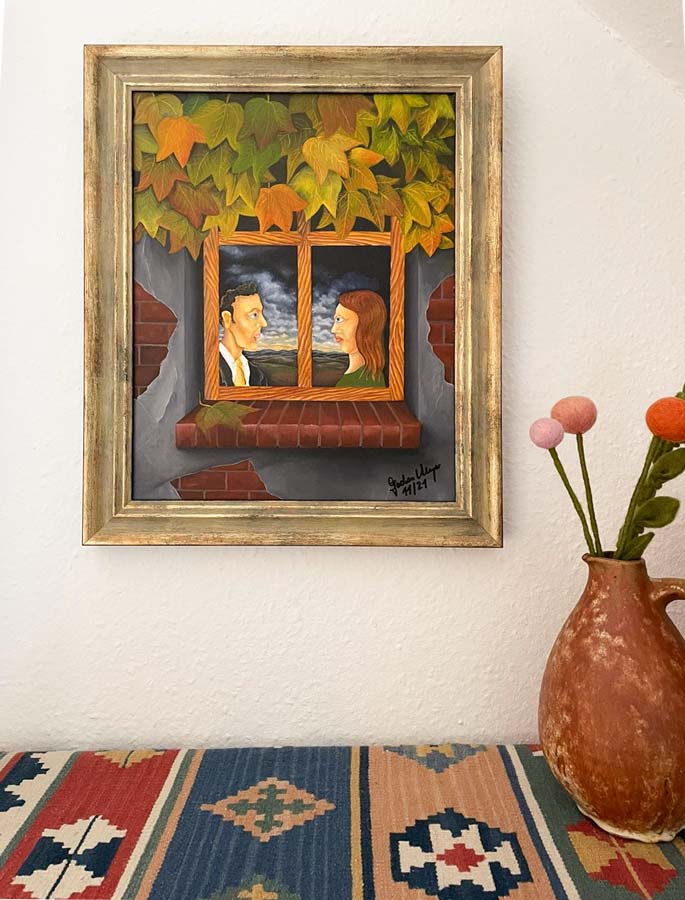 zwei Personen schauen sich an, Herbstblätter, Ölgemälde auf HDF Platte , Jochen Meyer, 47 x 37 cm, Kunst-Direkt.de, hängend