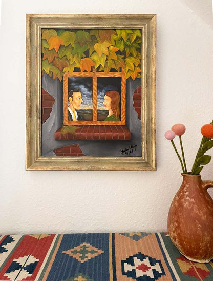 zwei Personen schauen sich an, Herbstblätter, Ölgemälde auf HDF Platte , Jochen Meyer, 47 x 37 cm, Kunst-Direkt.de, hängend