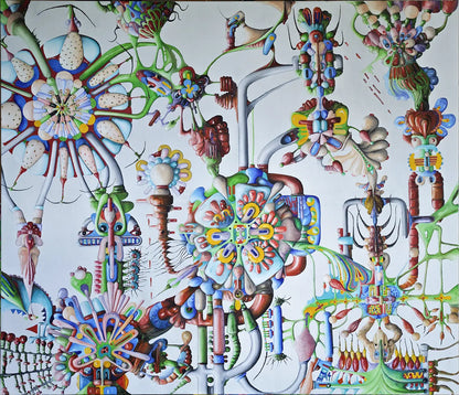 Die Blumen des Bösen – Ölgemälde von Dieter Roth, 120x140 cm, bio-mechanische Wimmelkunst, surreale Flora in Türkis-Grün und Rot | Kunst-Direkt.de
