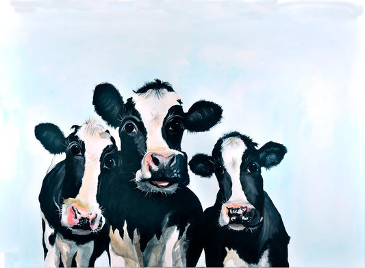 Die drei Grazien – Fineart Print von Christel Keller, drei Schwarzbunt-Rinder mit ausdrucksstarken Augen, lichtblauer Hintergrund | Kunst-Direkt.de
