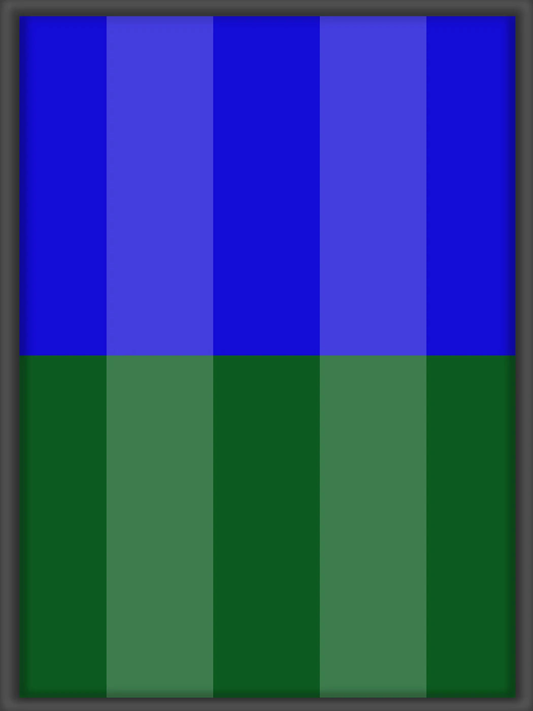 Abstraktes Kunstwerk mit horizontal geteilten Flächen: Oben vertikale Streifen in verschiedenen Blautönen, unten vertikale Streifen in dunklen und hellen Grüntönen. Geometrische Strukturen.