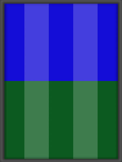 Abstraktes Kunstwerk mit horizontal geteilten Flächen: Oben vertikale Streifen in verschiedenen Blautönen, unten vertikale Streifen in dunklen und hellen Grüntönen. Geometrische Strukturen.