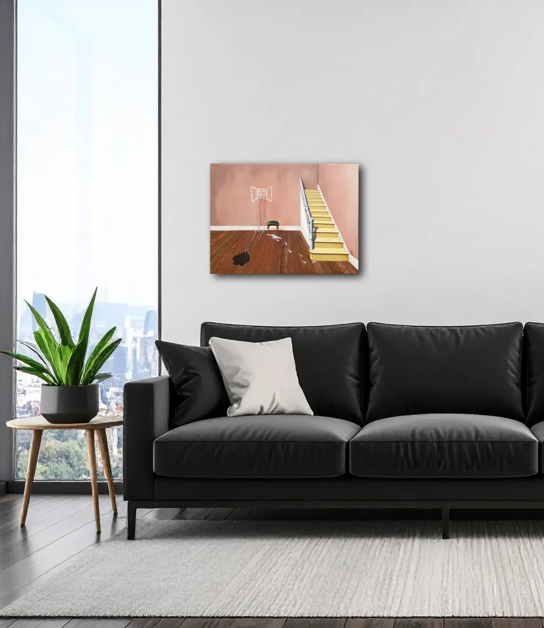 Die fehlende Tür, Gemälde 80 x 60 cm, eine Treppe führt nach oben gegen eine Wand, Detailansicht, an wand hängend, julia  Eckler, Kunst-Direkt.de