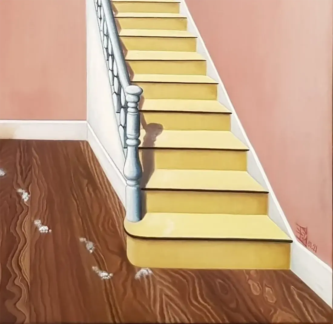 Die fehlende Tür, Gemälde 80 x 60 cm, eine Treppe führt nach oben gegen eine Wand, Detailansicht, julia  Eckler, Kunst-Direkt.de