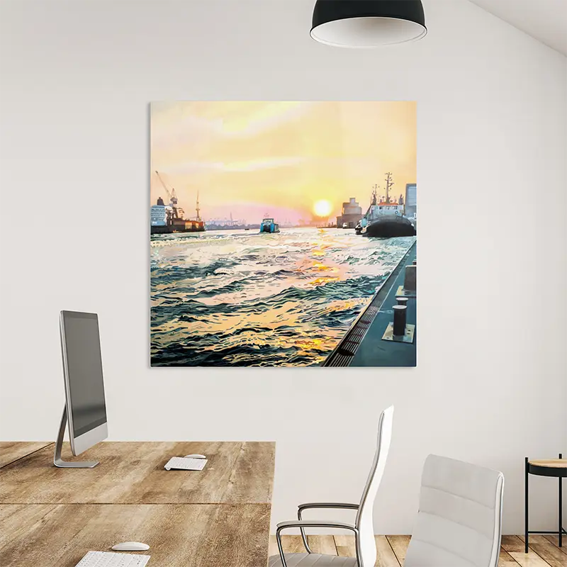 Finreart Print, Hafenszene in hamburg, Elbe, Sonne, 100 x 100 cm, Ulla Kutter, Kunst-Direkt.