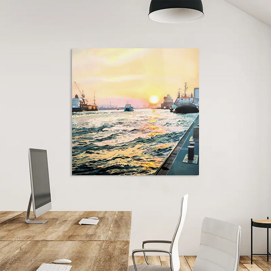Finreart Print, Hafenszene in hamburg, Elbe, Sonne, 100 x 100 cm, Ulla Kutter, Kunst-Direkt.