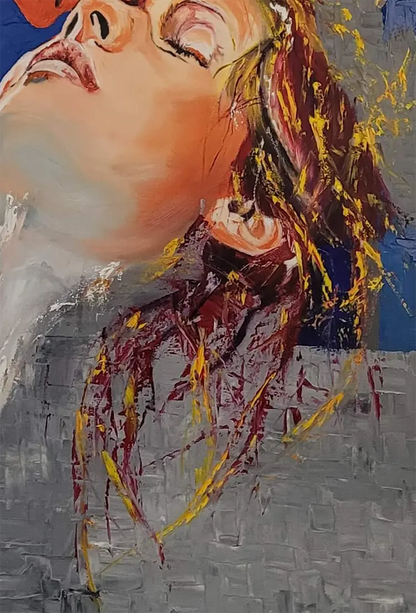 Detailaufnahme Emotions – Fotorealistisch-weiche Antlitze, sakrales Blau, Spachteltechnik, Roger Ziereisen | Kunst-Direkt.de
