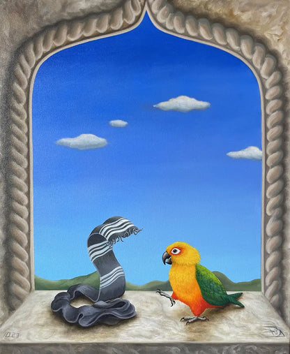 Es ist nicht nur ein Schal – Ölgemälde von Julia Eckler, 50x60 cm, Sonnensittich und Stoff-Kobra, surrealistisch | Kunst-Direkt.de
