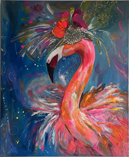 Flaminga – Acrylgemälde von Maren Lüke-Amato, 100x80 cm, Flamingo-Diva mit opulentem Kopfschmuck, Pink und Tiefblau | Kunst-Direkt.de
