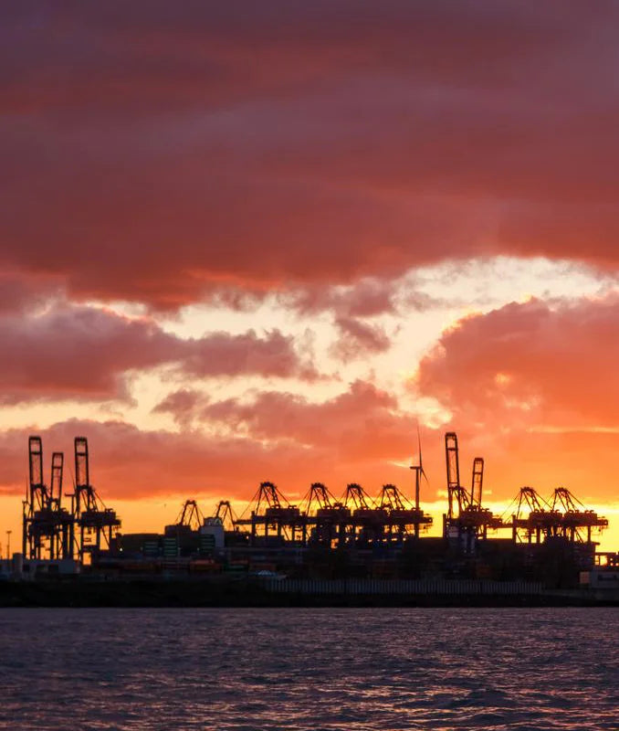 Hafenkräne im Abendlicht, die Elbe im Vordergrund, Detaireiches Foto, orangender Himmel mit Kränen