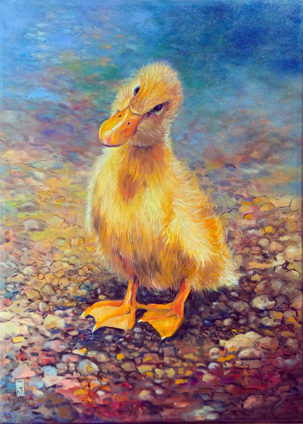 Gänseküken – Ölgemälde von Björn Kirste, 50x70 cm, impressionistisches Tierporträt in Sonnengelb und Himmelsblau, Unikat 2026 | Kunst-Direkt.de
