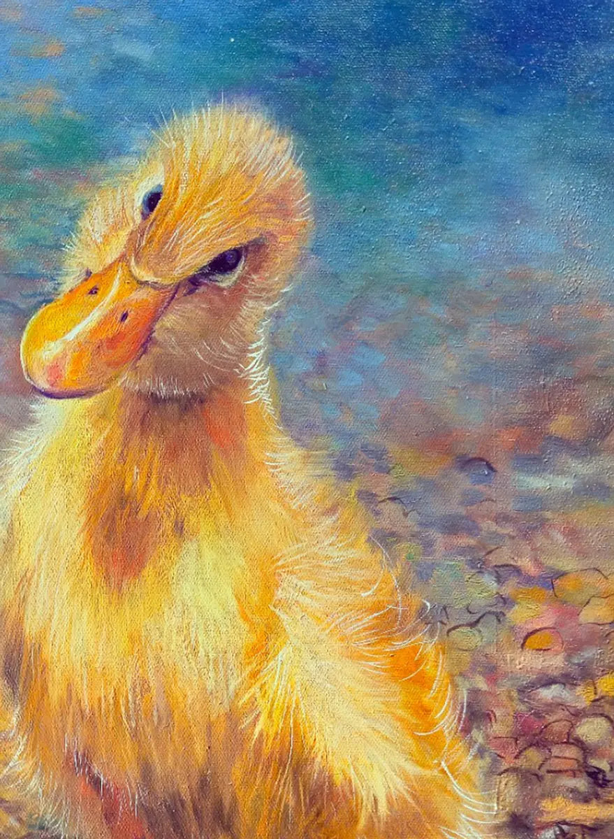 Detailaufnahme Gänseküken – Flauschiges Daunengefieder mit Lichtakzenten, neugieriger Blick, feine Pinselführung, Björn Kirste | Kunst-Direkt.de
