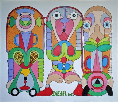 Genesung – Ölgemälde von Dieter Roth, 120x140 cm, drei Totemfiguren in Smaragdgrün und Orange, expressiver Surrealismus, Unikat 2023 | Kunst-Direkt.de
