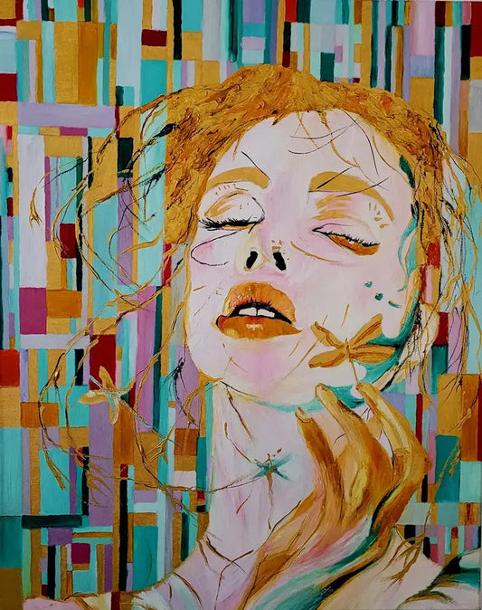 Das Goldmädchen – Ölgemälde von Roger Ziereisen, 80x100 cm, Expressionistisches Frauenporträt in Gold | Kunst-Direkt.de
