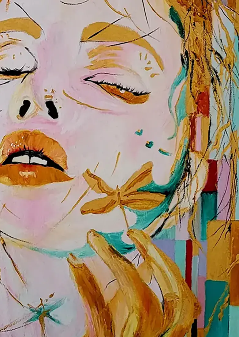 Detailaufnahme Das Goldmädchen – Gesicht in goldener Erhabenheit, geometrisches Farbmosaik, Roger Ziereisen | Kunst-Direkt.de
