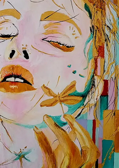 Detailaufnahme Das Goldmädchen – Gesicht in goldener Erhabenheit, geometrisches Farbmosaik, Roger Ziereisen | Kunst-Direkt.de
