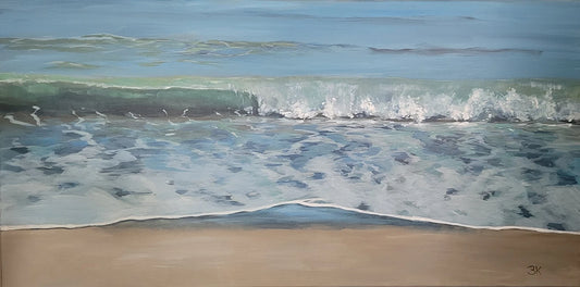 Große Welle – Acrylgemälde von Britta Kröger, 100x50 cm, brechende Welle in Türkis-Smaragd und Gischtweiß, dynamisches Panorama-Seestück | Kunst-Direkt.de
