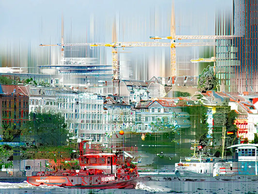 Die Hamburger Hafenstraße von der Elbe aus gesehen, ein rotes Feuerschiff im Vordergrund, Foto digital bearbeitet, Linien streben nach oben und geben dem Kunstwerk eine große vertikale Dynamik. 