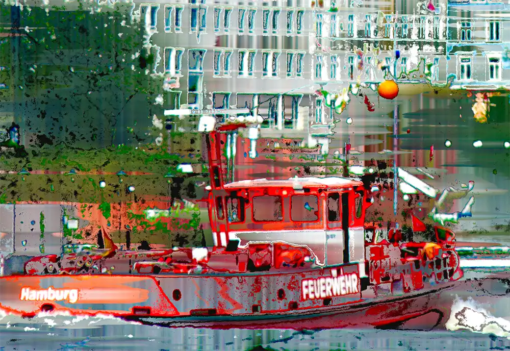 Die Hamburger Hafenstraße von der Elbe aus gesehen, ein rotes Feuerschiff im Vordergrund, Foto digital bearbeitet, Linien streben nach oben und geben dem Kunstwerk eine große vertikale Dynamik. Detailansicht des roten Feuerschiffes.