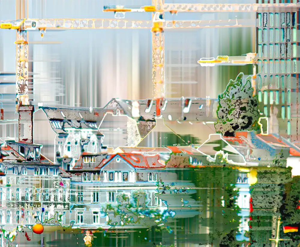 Die Hamburger Hafenstraße von der Elbe aus gesehen, ein rotes Feuerschiff im Vordergrund, Foto digital bearbeitet, Linien streben nach oben und geben dem Kunstwerk eine große vertikale Dynamik. Detailansicht der Häuser in der Hafenstraße.