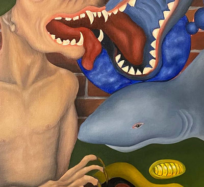 Ölgemälde auf HDF Platte, Haimann, Mann mit Hundkopf, 2 Haie, Surreale Kunst von Jochen Meyer, 57 x 47 cm, Kunst-Direkt.de, details struktur