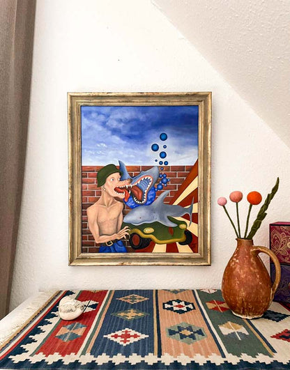 Ölgemälde auf HDF Platte, Haimann, Mann mit Hundkopf, 2 Haie, Surreale Kunst von Jochen Meyer, 57 x 47 cm, Kunst-Direkt.de, an wand hängend