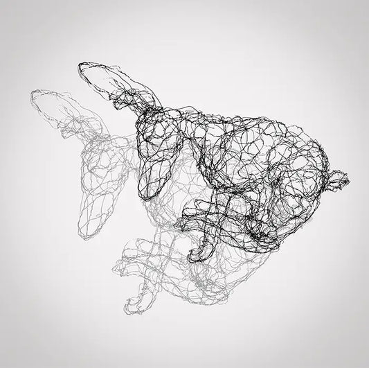 Fineart Print der Drahtfigur eines rennenden Hasen mit Schatten  vor hellem Hintergrund