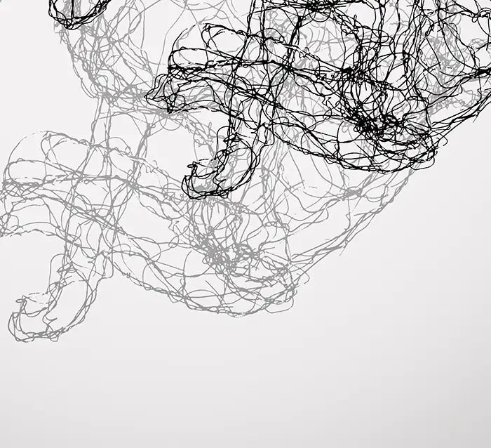 Fineart Print der Drahtfigur eines rennenden Hasen mit Schatten  vor hellem Hintergrund, Detailansicht Schatten