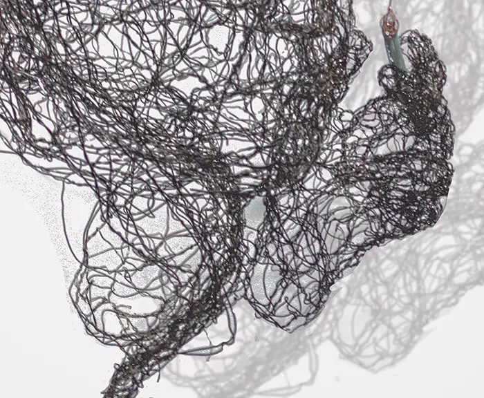 Drahtskulptur Kopf Helmut Schmidt vor weißem Hintergrund, Detaiansicht mit Draht und Schatten