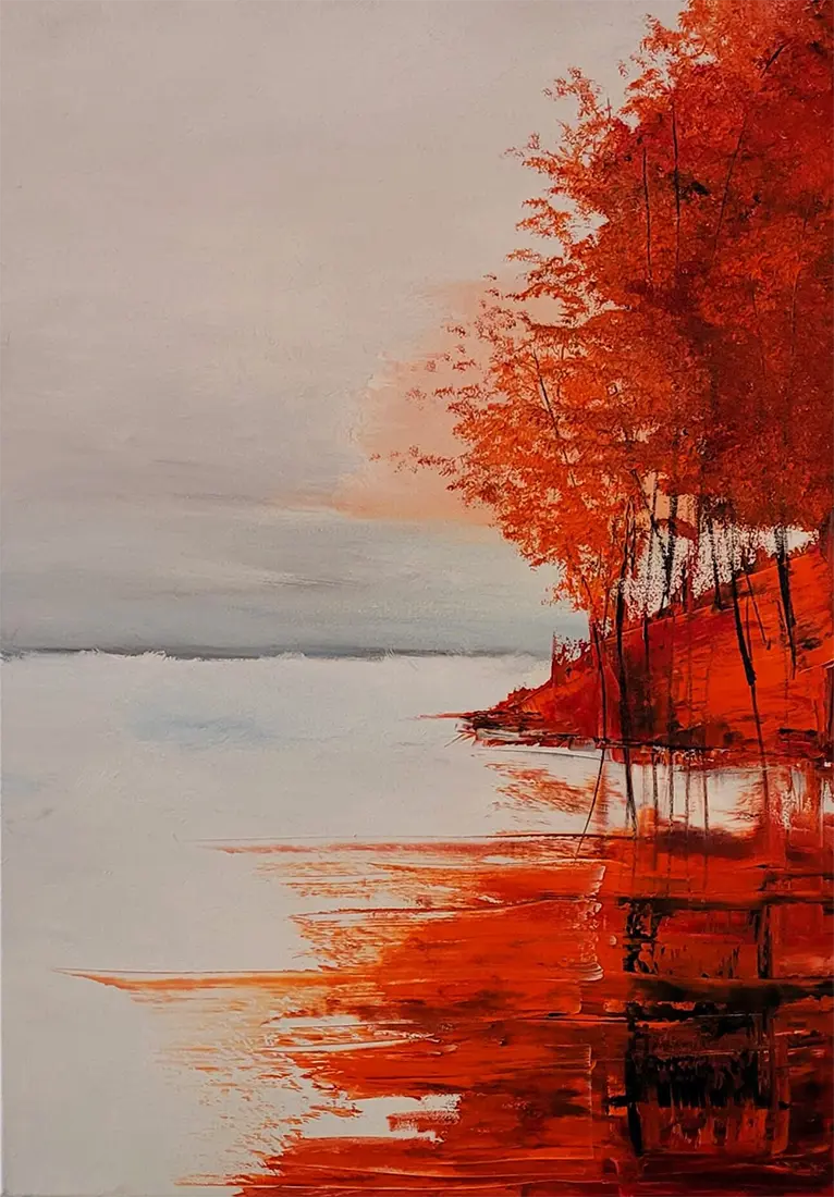 Herbst am See – Ölgemälde von Roger Ziereisen, 80x100 cm, Spachteltechnik, Rotorange und Grau | Kunst-Direkt.de
